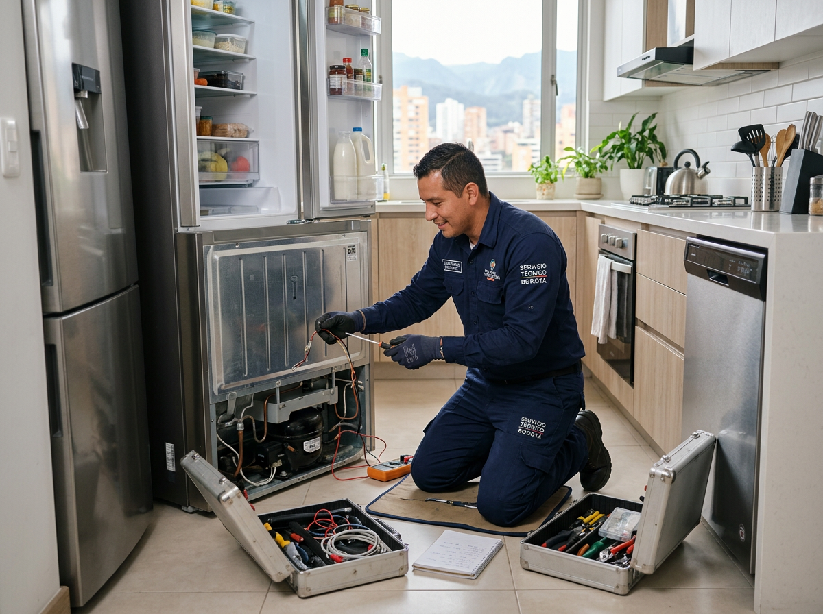 Técnico certificado de ABC Reparaciones reparando una nevera en un apartamento de Bogotá